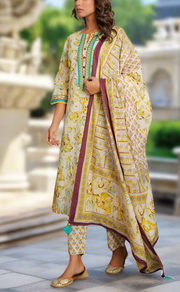 Off White/Yellow/Sea Green Jaipur Cotton Kurti With Pant And Dupatta Set. Pure Versatile Cotton. | Laces and Frills