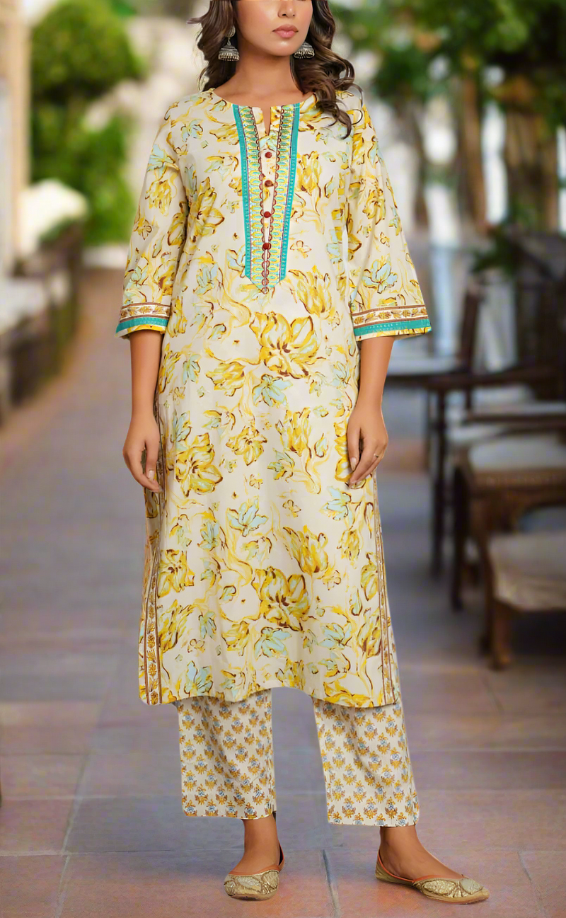 Off White/Yellow/Sea Green Jaipur Cotton Kurti With Pant And Dupatta Set. Pure Versatile Cotton. | Laces and Frills