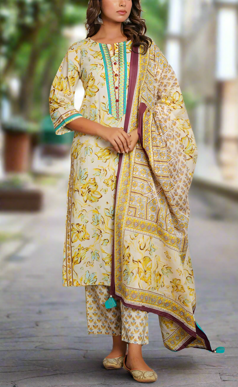 Off White/Yellow/Sea Green Jaipur Cotton Kurti With Pant And Dupatta Set. Pure Versatile Cotton. | Laces and Frills