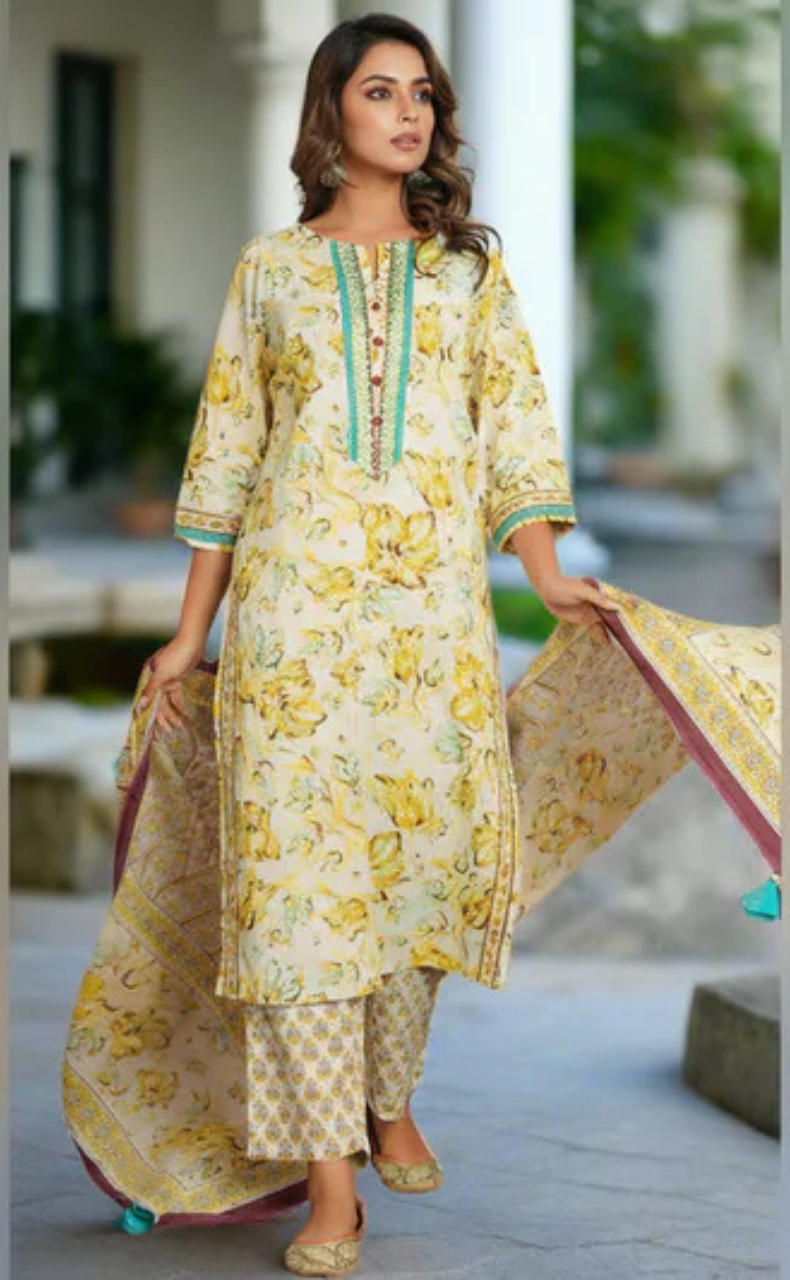 Off White/Yellow/Sea Green Jaipur Cotton Kurti With Pant And Dupatta Set. Pure Versatile Cotton. | Laces and Frills