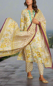 Off White/Yellow/Sea Green Jaipur Cotton Kurti With Pant And Dupatta Set. Pure Versatile Cotton. | Laces and Frills