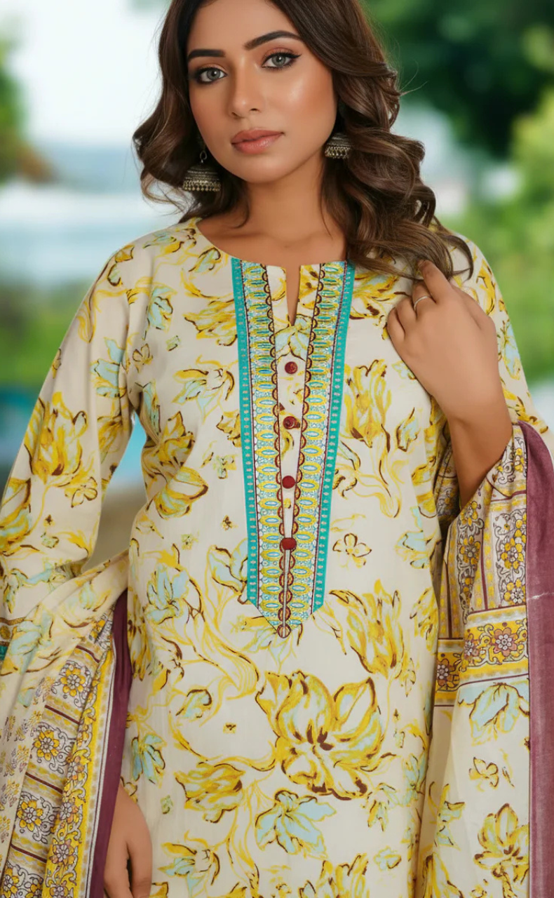 Off White/Yellow/Sea Green Jaipur Cotton Kurti With Pant And Dupatta Set. Pure Versatile Cotton. | Laces and Frills