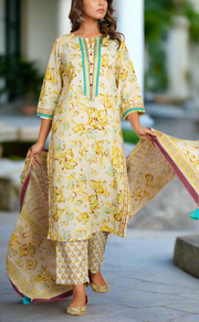 Off White/Yellow/Sea Green Jaipur Cotton Kurti With Pant And Dupatta Set. Pure Versatile Cotton. | Laces and Frills