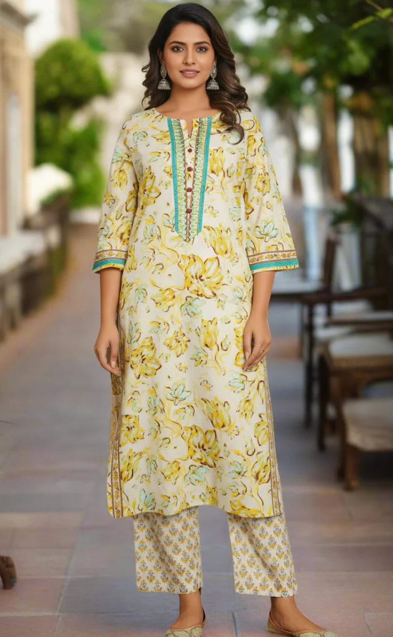 Off White/Yellow/Sea Green Jaipur Cotton Kurti With Pant And Dupatta Set. Pure Versatile Cotton. | Laces and Frills