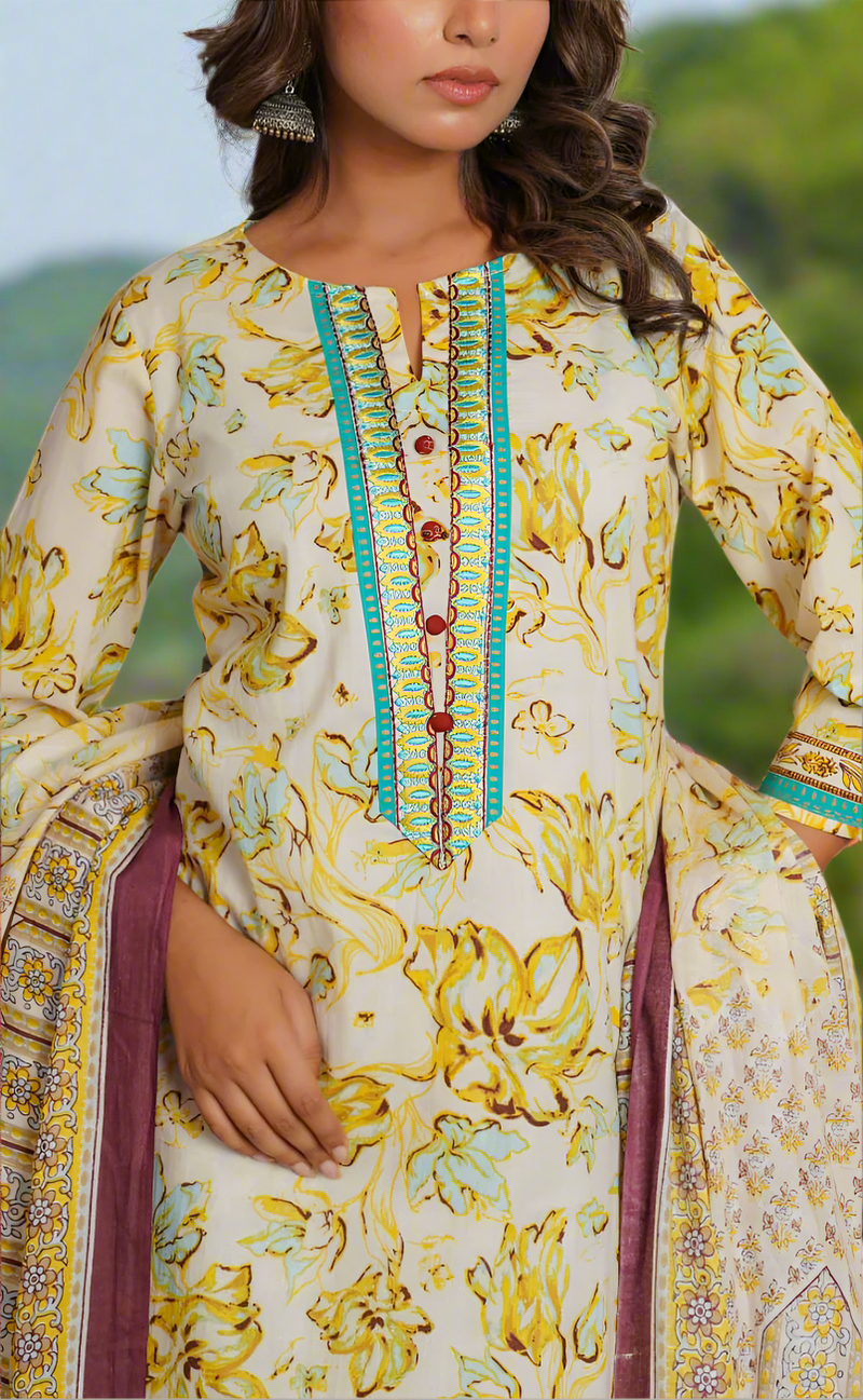 Off White/Yellow/Sea Green Jaipur Cotton Kurti With Pant And Dupatta Set. Pure Versatile Cotton. | Laces and Frills