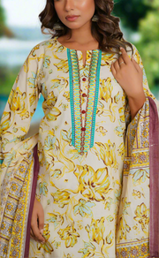 Off White/Yellow/Sea Green Jaipur Cotton Kurti With Pant And Dupatta Set. Pure Versatile Cotton. | Laces and Frills