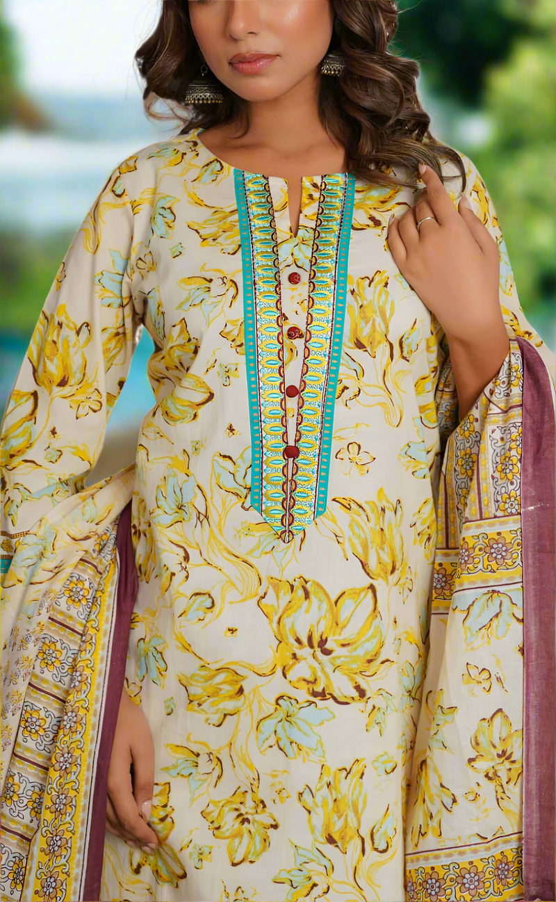 Off White/Yellow/Sea Green Jaipur Cotton Kurti With Pant And Dupatta Set. Pure Versatile Cotton. | Laces and Frills