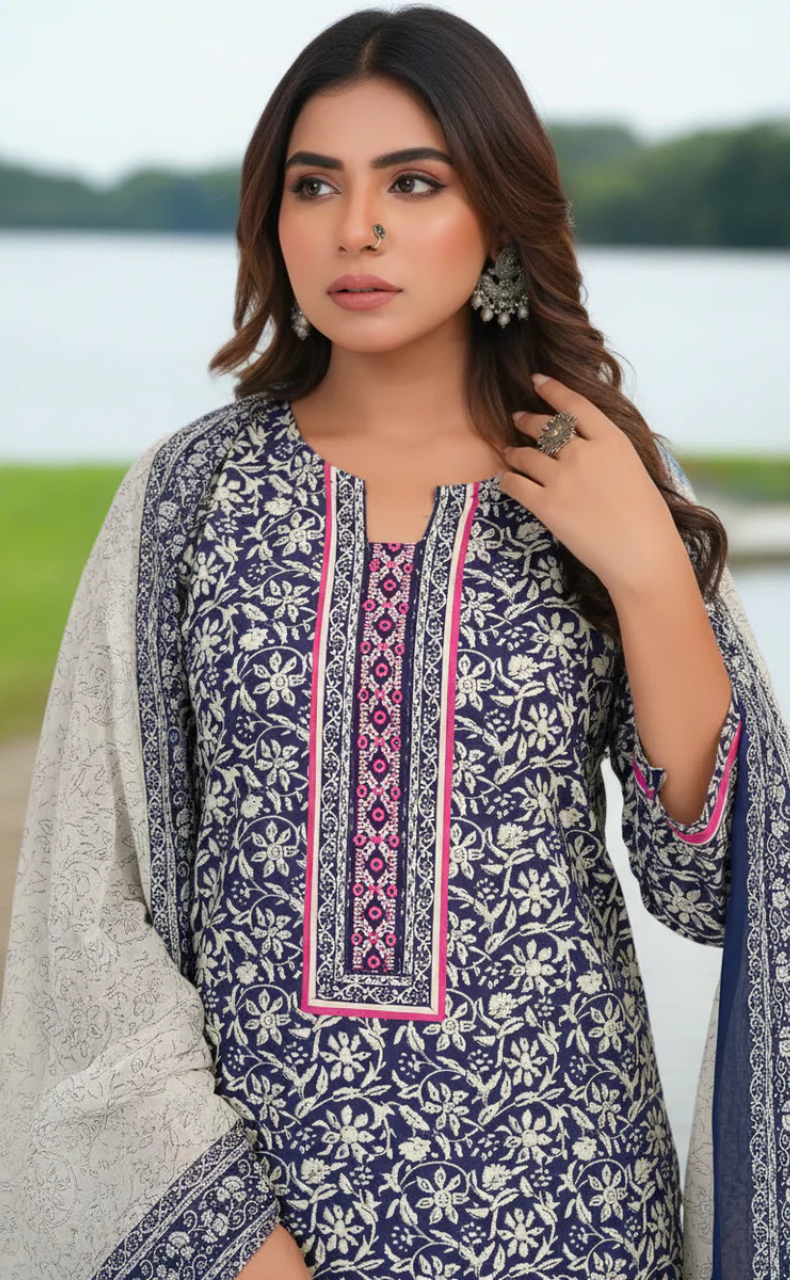 Navy Blue Leafy Jaipur Cotton Kurti With Pant And Dupatta Set. Pure Versatile Cotton. | Laces and Frills