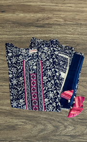 Navy Blue Leafy Jaipur Cotton Kurti With Pant And Dupatta Set. Pure Versatile Cotton. | Laces and Frills
