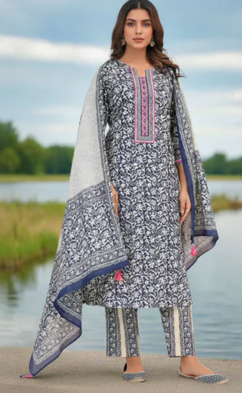 Navy Blue Leafy Jaipur Cotton Kurti With Pant And Dupatta Set. Pure Versatile Cotton. | Laces and Frills