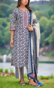 Navy Blue Leafy Jaipur Cotton Kurti With Pant And Dupatta Set. Pure Versatile Cotton. | Laces and Frills
