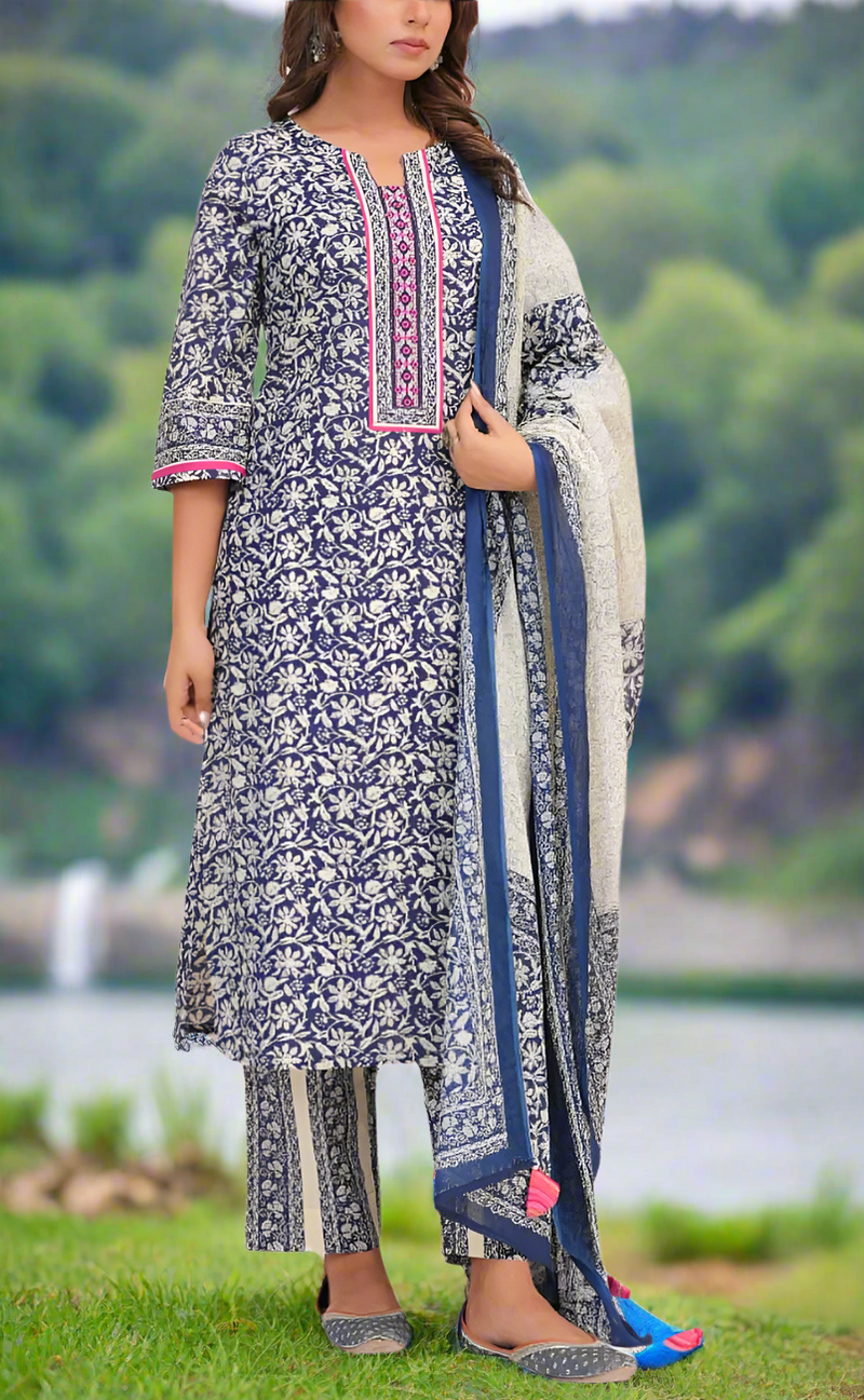 Navy Blue Leafy Jaipur Cotton Kurti With Pant And Dupatta Set. Pure Versatile Cotton. | Laces and Frills