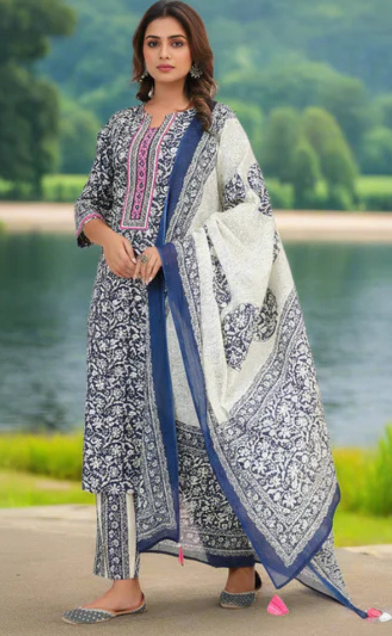 Navy Blue Leafy Jaipur Cotton Kurti With Pant And Dupatta Set. Pure Versatile Cotton. | Laces and Frills