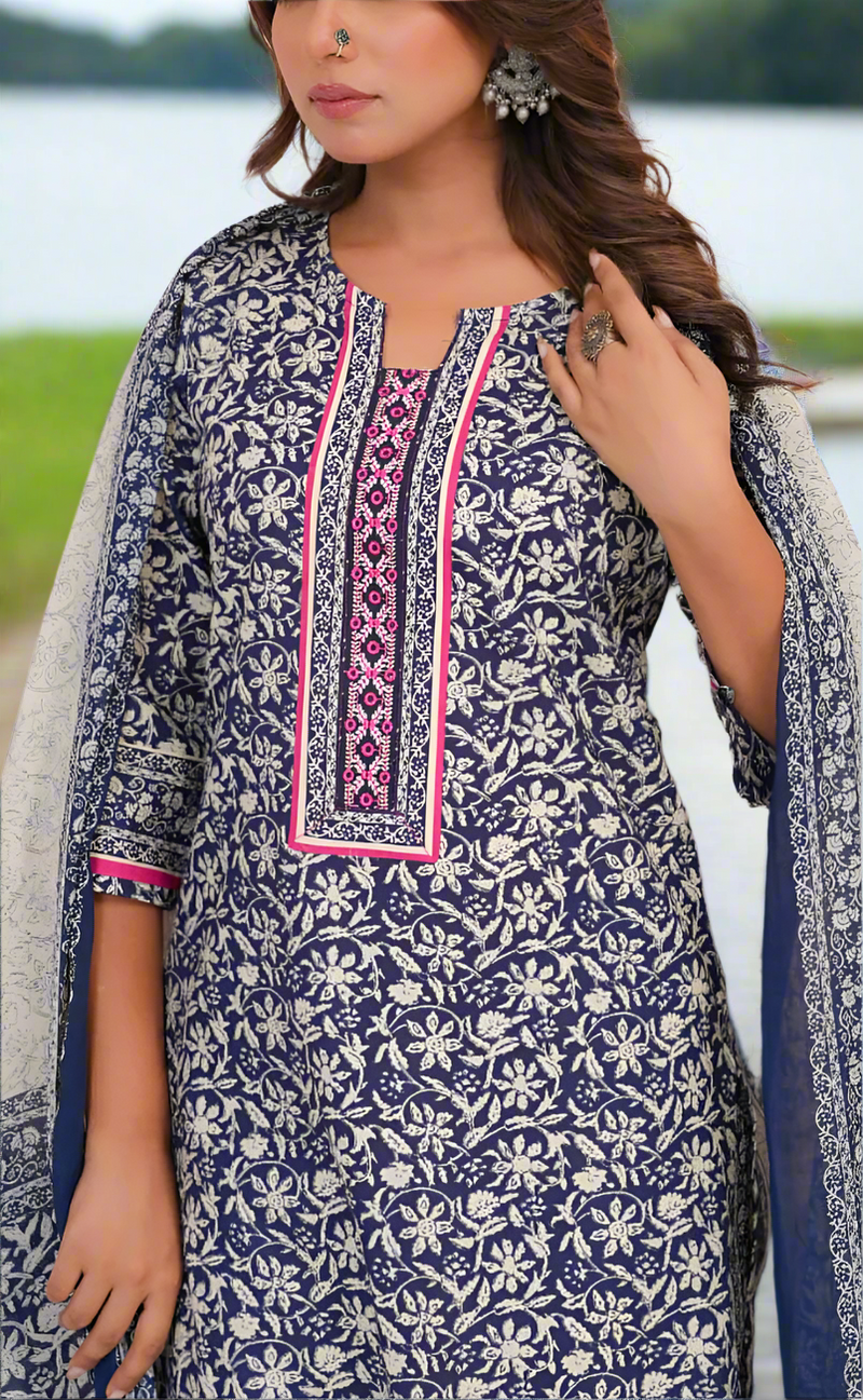 Navy Blue Leafy Jaipur Cotton Kurti With Pant And Dupatta Set. Pure Versatile Cotton. | Laces and Frills