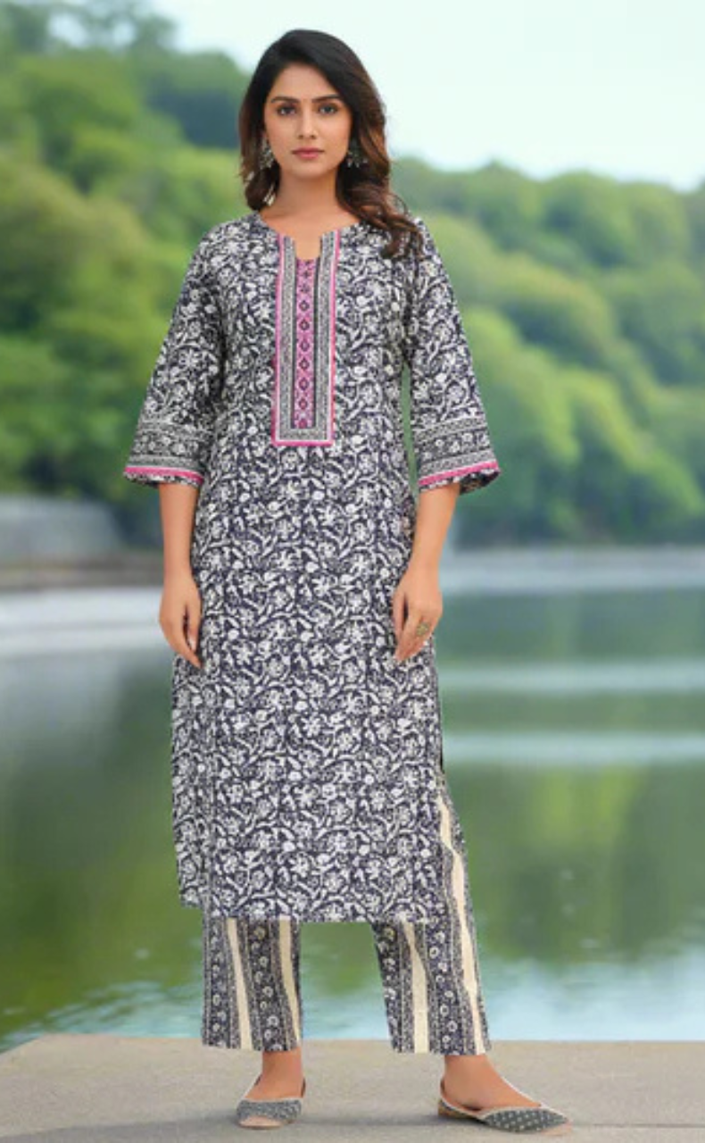 Navy Blue Leafy Jaipur Cotton Kurti With Pant And Dupatta Set. Pure Versatile Cotton. | Laces and Frills