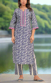 Navy Blue Leafy Jaipur Cotton Kurti With Pant And Dupatta Set. Pure Versatile Cotton. | Laces and Frills