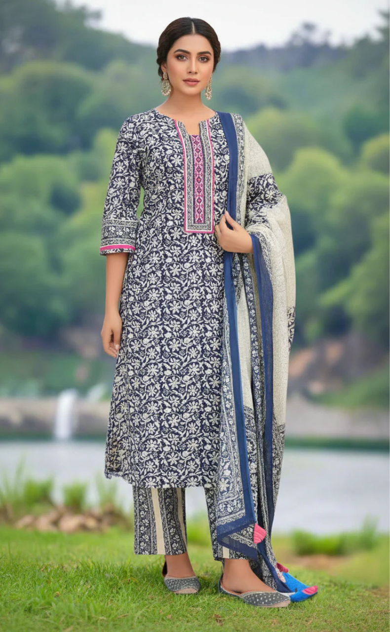 Navy Blue Leafy Jaipur Cotton Kurti With Pant And Dupatta Set. Pure Versatile Cotton. | Laces and Frills