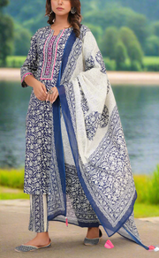 Navy Blue Leafy Jaipur Cotton Kurti With Pant And Dupatta Set. Pure Versatile Cotton. | Laces and Frills