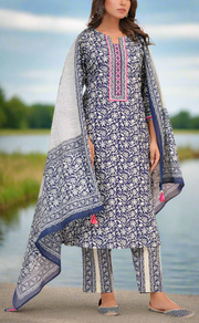 Navy Blue Leafy Jaipur Cotton Kurti With Pant And Dupatta Set. Pure Versatile Cotton. | Laces and Frills