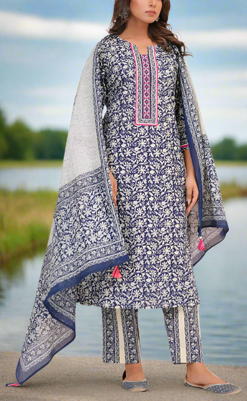 Navy Blue Leafy Jaipur Cotton Kurti With Pant And Dupatta Set. Pure Versatile Cotton. | Laces and Frills