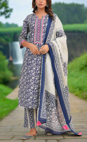 Navy Blue Leafy Jaipur Cotton Kurti With Pant And Dupatta Set. Pure Versatile Cotton. | Laces and Frills