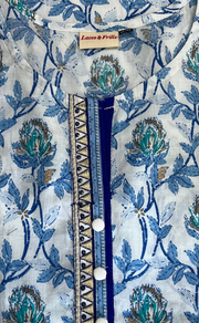 White/Blue Floral Jaipur Cotton Kurti With Pant And Dupatta Set. Pure Versatile Cotton. | Laces and Frills