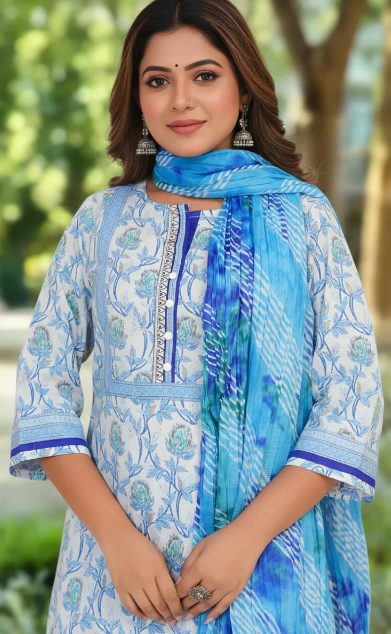 White/Blue Floral Jaipur Cotton Kurti With Pant And Dupatta Set. Pure Versatile Cotton. | Laces and Frills
