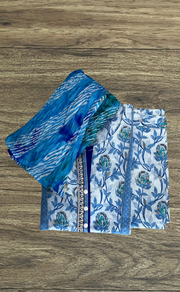 White/Blue Floral Jaipur Cotton Kurti With Pant And Dupatta Set. Pure Versatile Cotton. | Laces and Frills