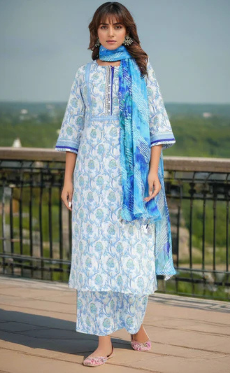 White/Blue Floral Jaipur Cotton Kurti With Pant And Dupatta Set. Pure Versatile Cotton. | Laces and Frills