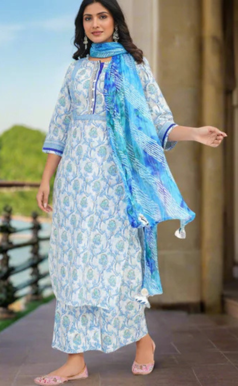 White/Blue Floral Jaipur Cotton Kurti With Pant And Dupatta Set. Pure Versatile Cotton. | Laces and Frills