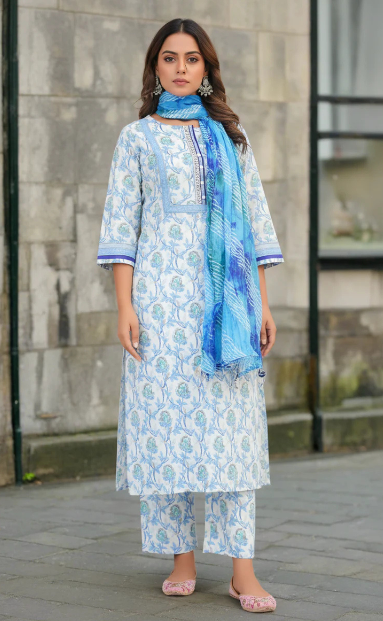 White/Blue Floral Jaipur Cotton Kurti With Pant And Dupatta Set. Pure Versatile Cotton. | Laces and Frills