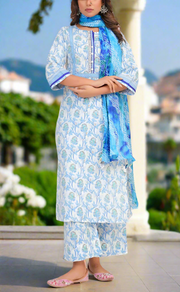 White/Blue Floral Jaipur Cotton Kurti With Pant And Dupatta Set. Pure Versatile Cotton. | Laces and Frills