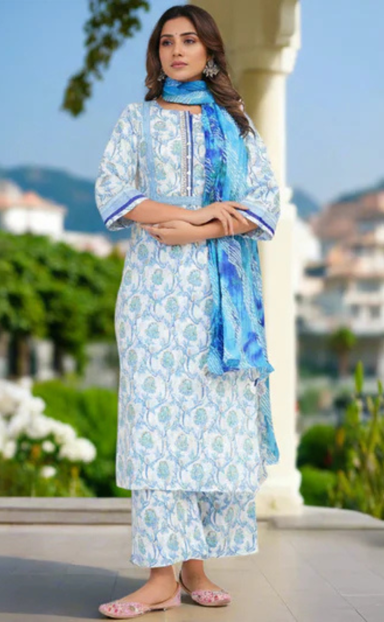 White/Blue Floral Jaipur Cotton Kurti With Pant And Dupatta Set. Pure Versatile Cotton. | Laces and Frills