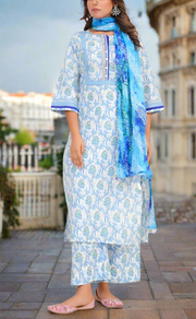 White/Blue Floral Jaipur Cotton Kurti With Pant And Dupatta Set. Pure Versatile Cotton. | Laces and Frills