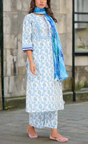 White/Blue Floral Jaipur Cotton Kurti With Pant And Dupatta Set. Pure Versatile Cotton. | Laces and Frills