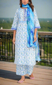 White/Blue Floral Jaipur Cotton Kurti With Pant And Dupatta Set. Pure Versatile Cotton. | Laces and Frills