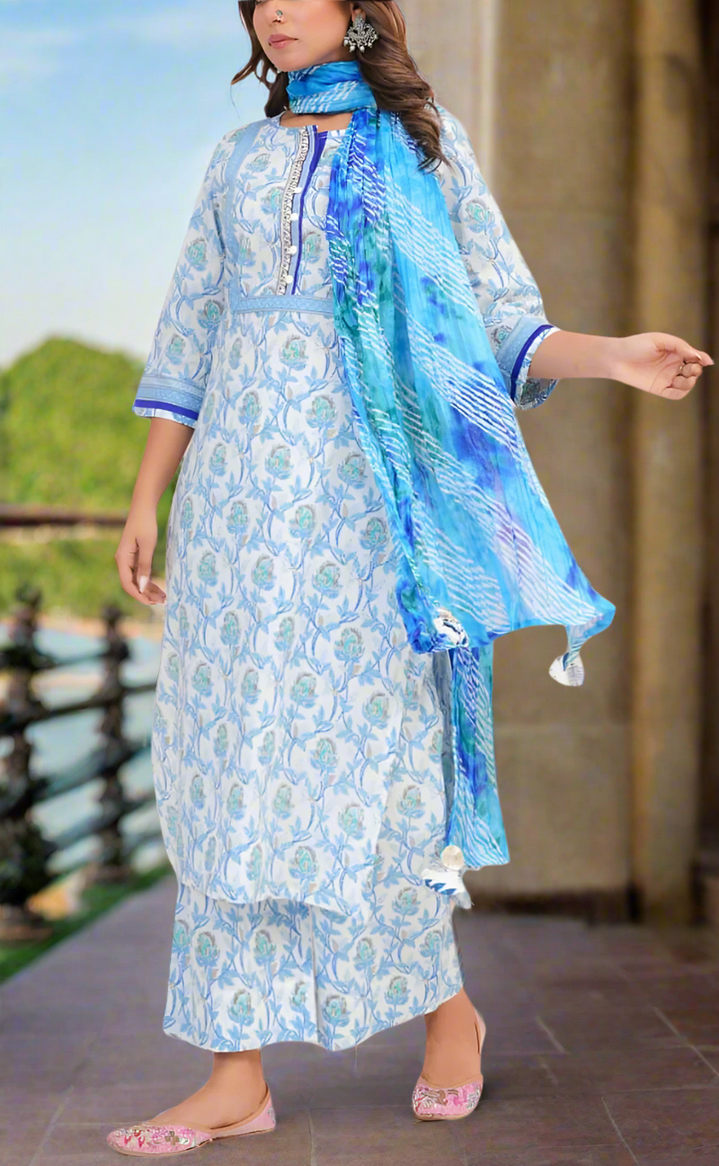 White/Blue Floral Jaipur Cotton Kurti With Pant And Dupatta Set. Pure Versatile Cotton. | Laces and Frills