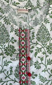 White/Green Garden Jaipur Cotton Kurti With Pant And Dupatta Set. Pure Versatile Cotton. | Laces and Frills