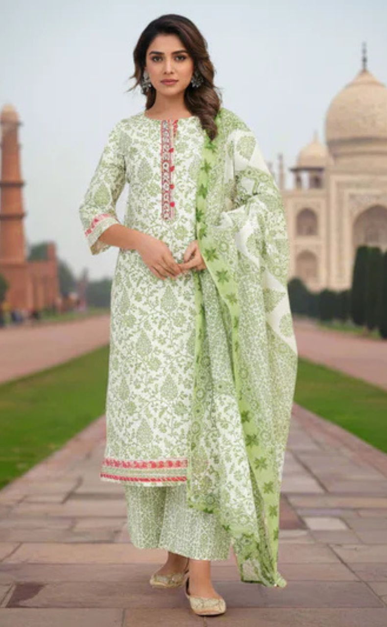 White/Green Garden Jaipur Cotton Kurti With Pant And Dupatta Set. Pure Versatile Cotton. | Laces and Frills
