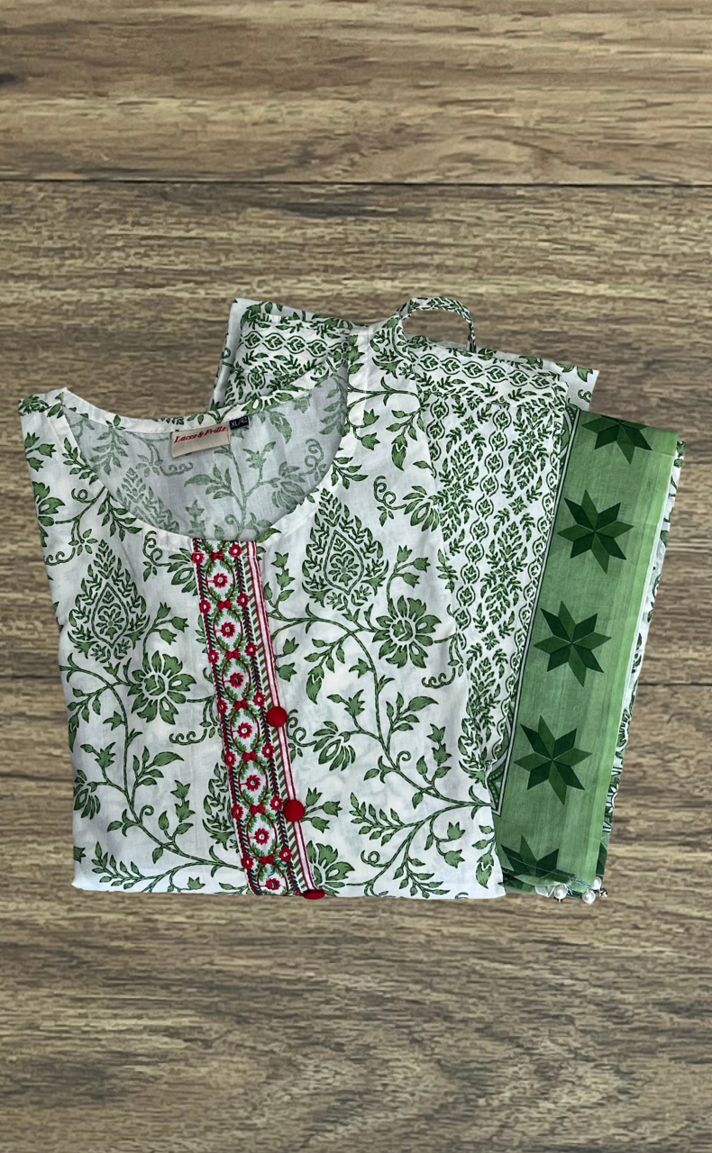White/Green Garden Jaipur Cotton Kurti With Pant And Dupatta Set. Pure Versatile Cotton. | Laces and Frills