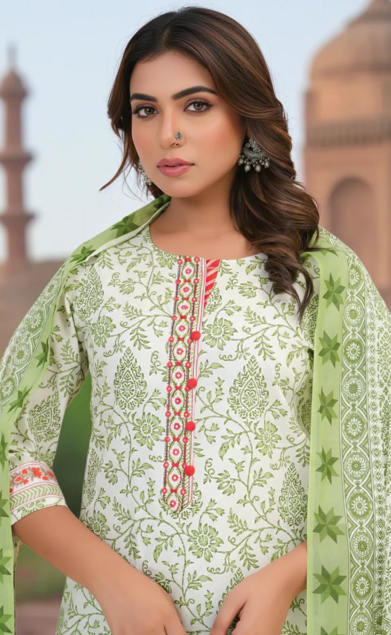 White/Green Garden Jaipur Cotton Kurti With Pant And Dupatta Set. Pure Versatile Cotton. | Laces and Frills