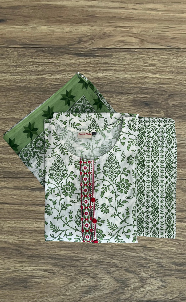White/Green Garden Jaipur Cotton Kurti With Pant And Dupatta Set. Pure Versatile Cotton. | Laces and Frills