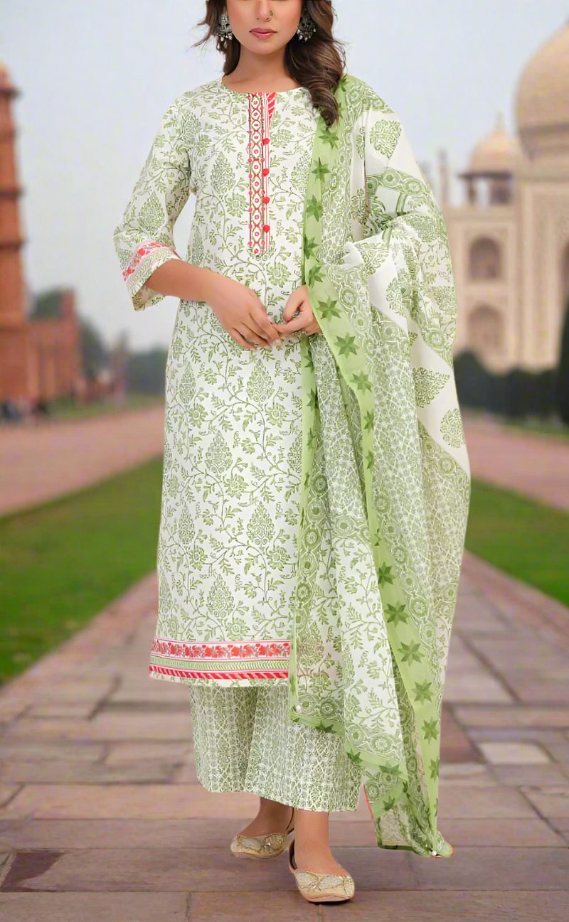 White/Green Garden Jaipur Cotton Kurti With Pant And Dupatta Set. Pure Versatile Cotton. | Laces and Frills
