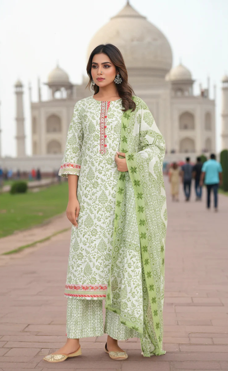 White/Green Garden Jaipur Cotton Kurti With Pant And Dupatta Set. Pure Versatile Cotton. | Laces and Frills