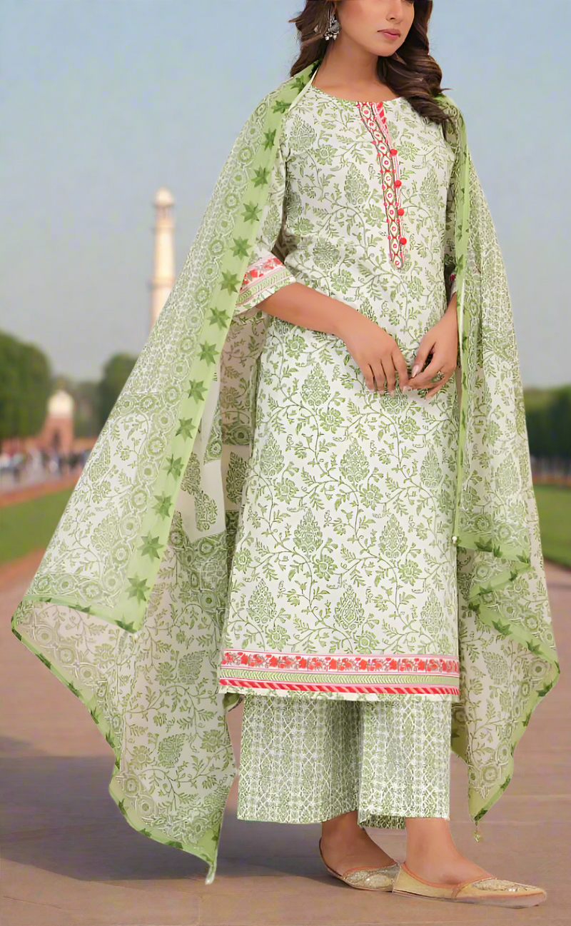 White/Green Garden Jaipur Cotton Kurti With Pant And Dupatta Set. Pure Versatile Cotton. | Laces and Frills
