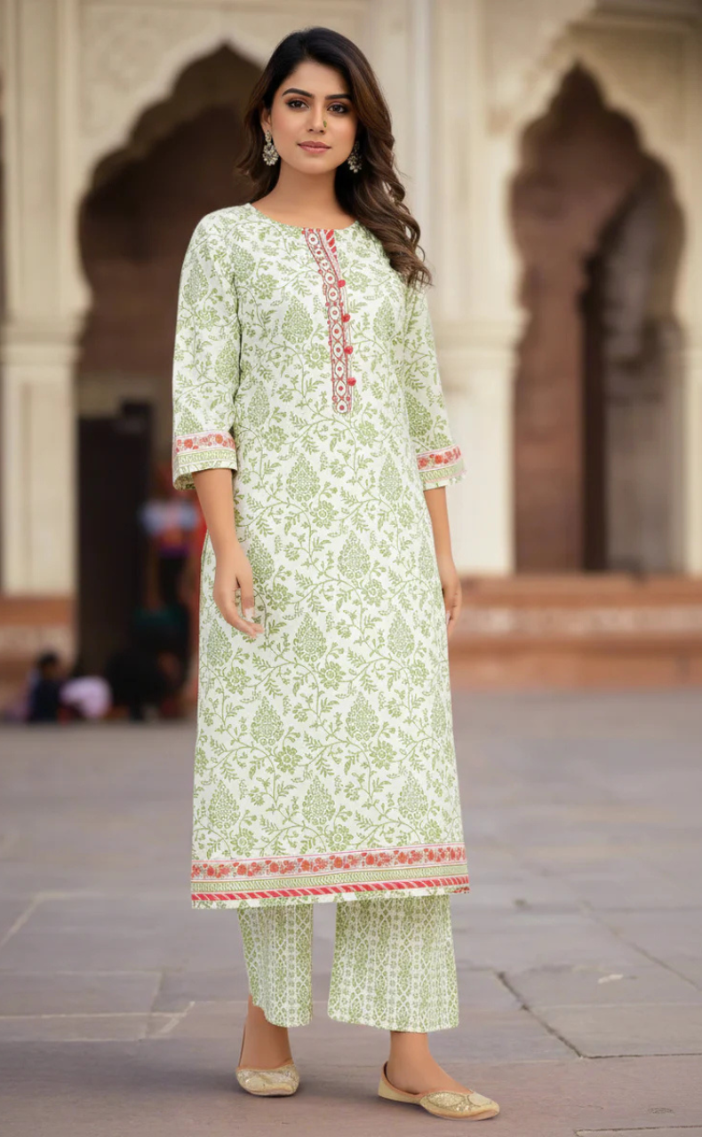 White/Green Garden Jaipur Cotton Kurti With Pant And Dupatta Set. Pure Versatile Cotton. | Laces and Frills