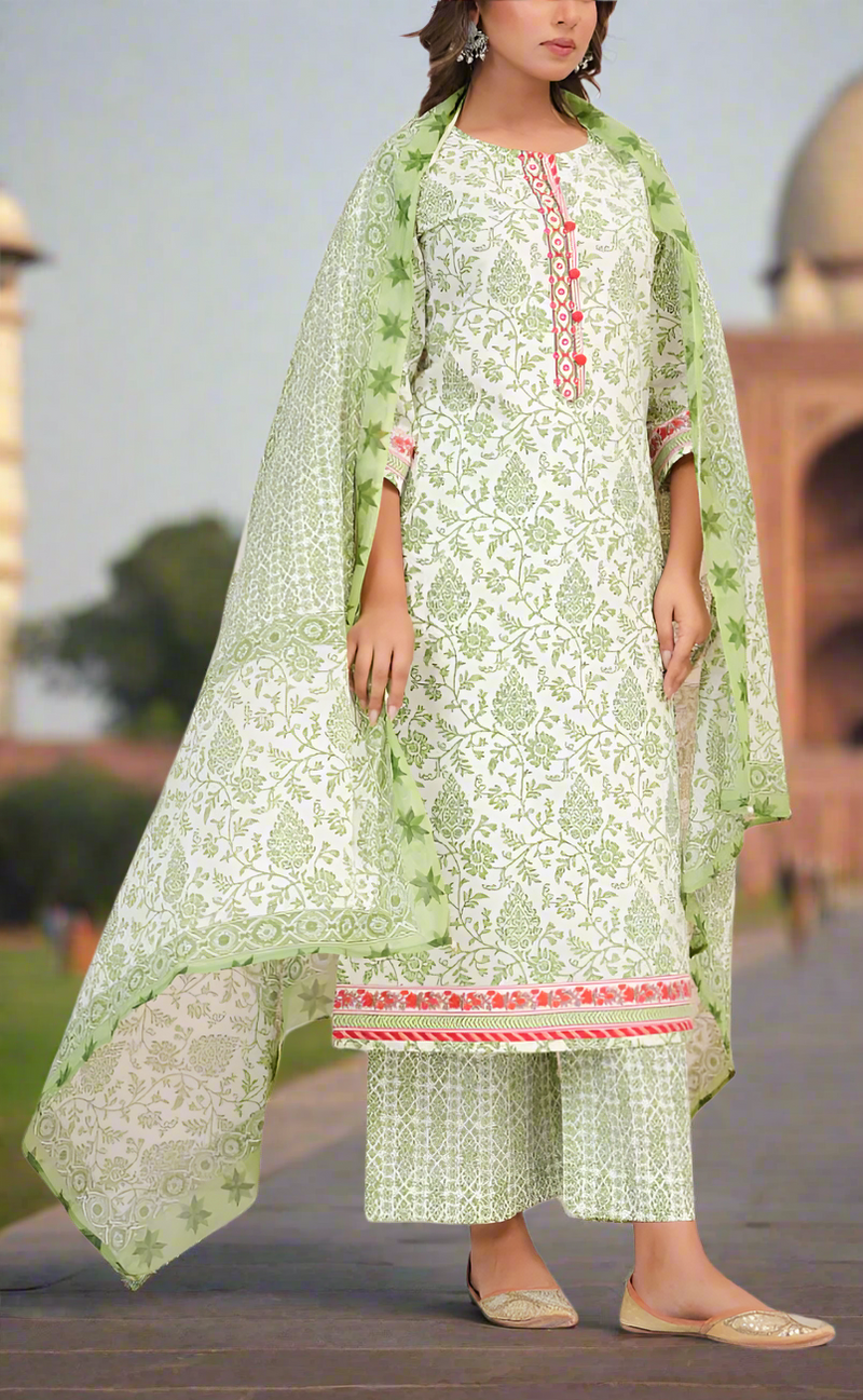 White/Green Garden Jaipur Cotton Kurti With Pant And Dupatta Set. Pure Versatile Cotton. | Laces and Frills