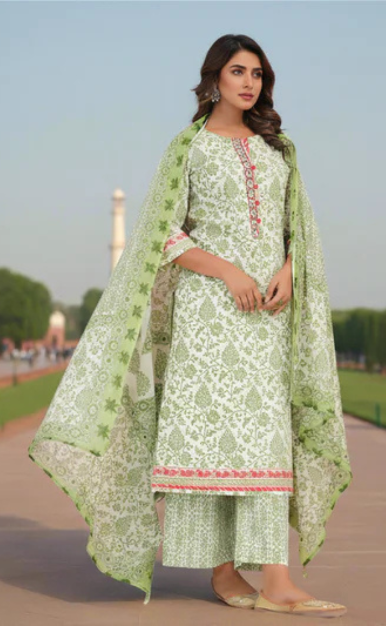White/Green Garden Jaipur Cotton Kurti With Pant And Dupatta Set. Pure Versatile Cotton. | Laces and Frills