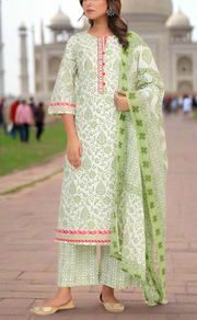 White/Green Garden Jaipur Cotton Kurti With Pant And Dupatta Set. Pure Versatile Cotton. | Laces and Frills