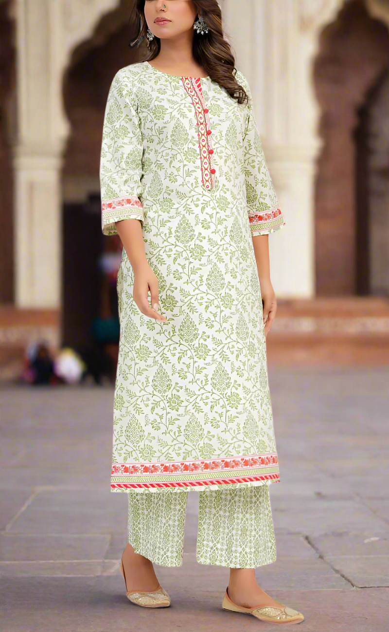 White/Green Garden Jaipur Cotton Kurti With Pant And Dupatta Set. Pure Versatile Cotton. | Laces and Frills